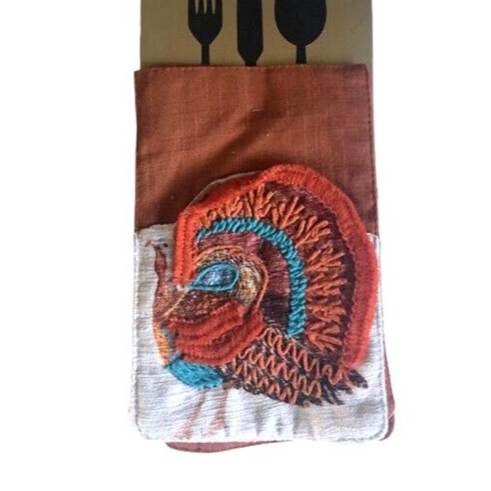 Nicole Miller Thanksgiving Utensil Holders Turkey Embroidered Harvest Set Of 4